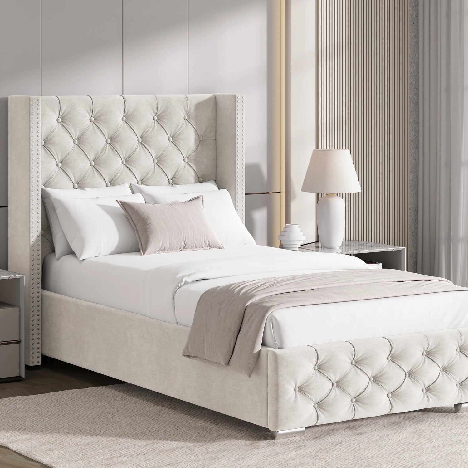 Single size beige velvet ottoman storage bed with cross pattern and winged headboard, styled in a neutral-toned bedroom.