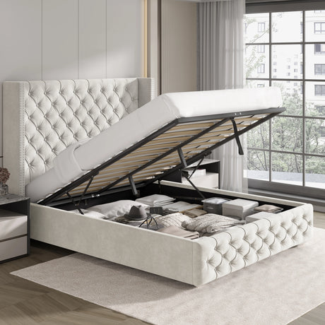 Beige small double ottoman bed with gas lift storage open, showing spacious underbed storage for bedding and accessories.