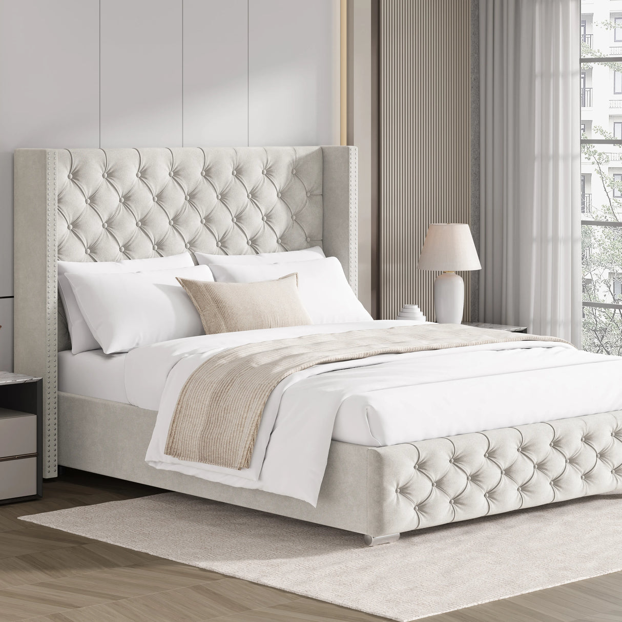 Beige small double velvet ottoman bed with cross pattern and winged headboard, styled in a soft-toned bedroom.