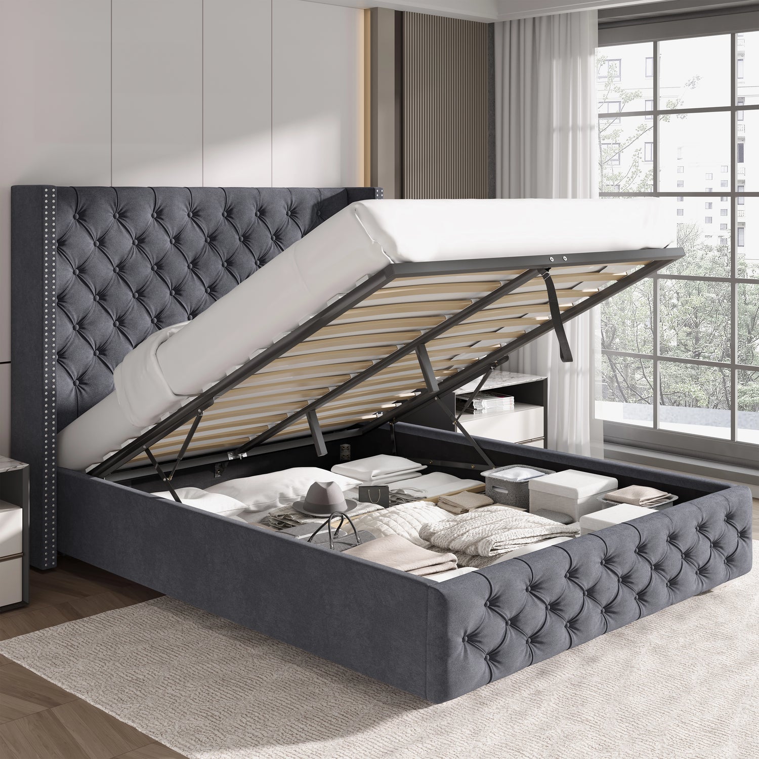 Cross Pattern Velvet Ottoman Storage Bed - Winged Bed Frame