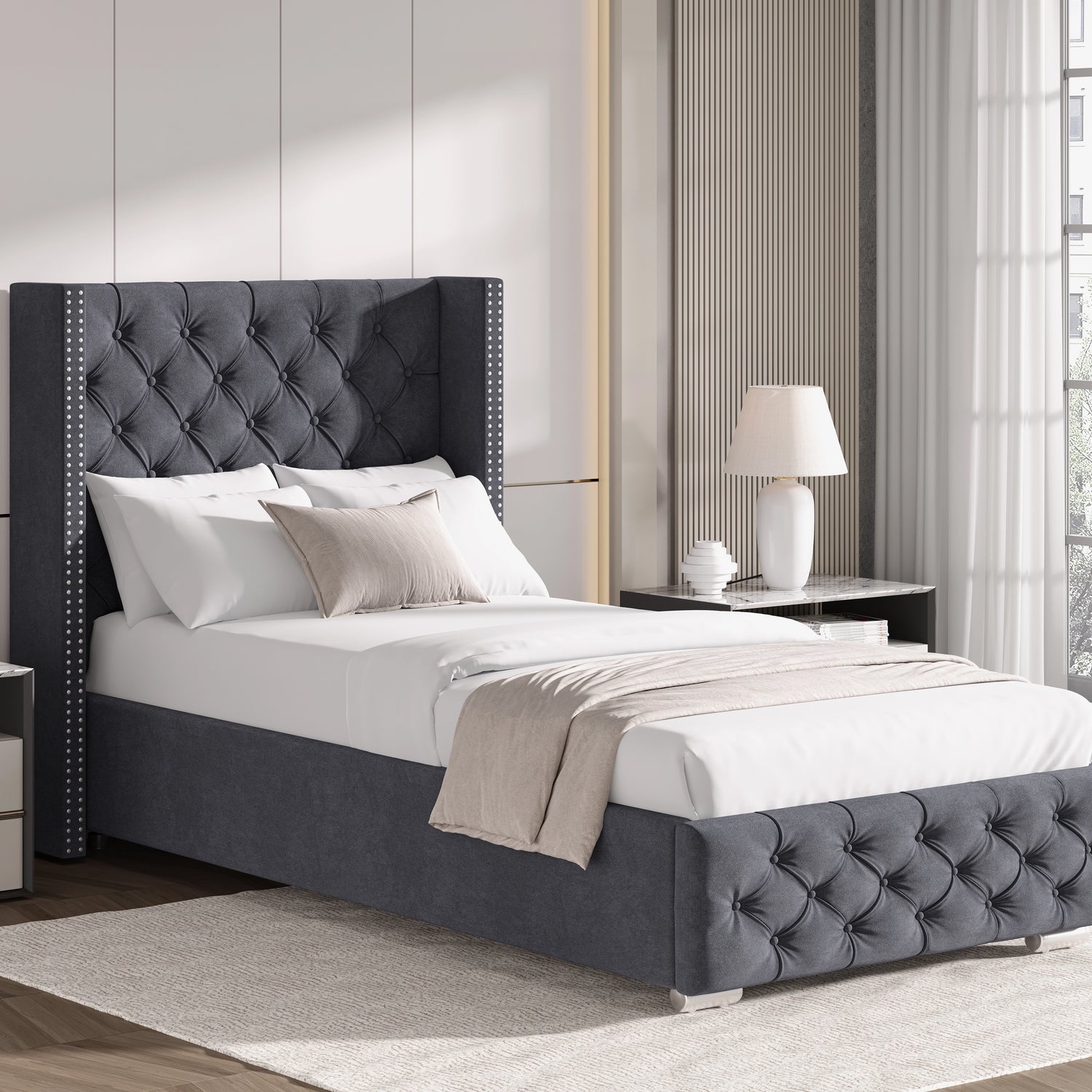 Single size cross pattern velvet ottoman storage bed in dark grey with winged headboard, ideal for modern bedrooms.
