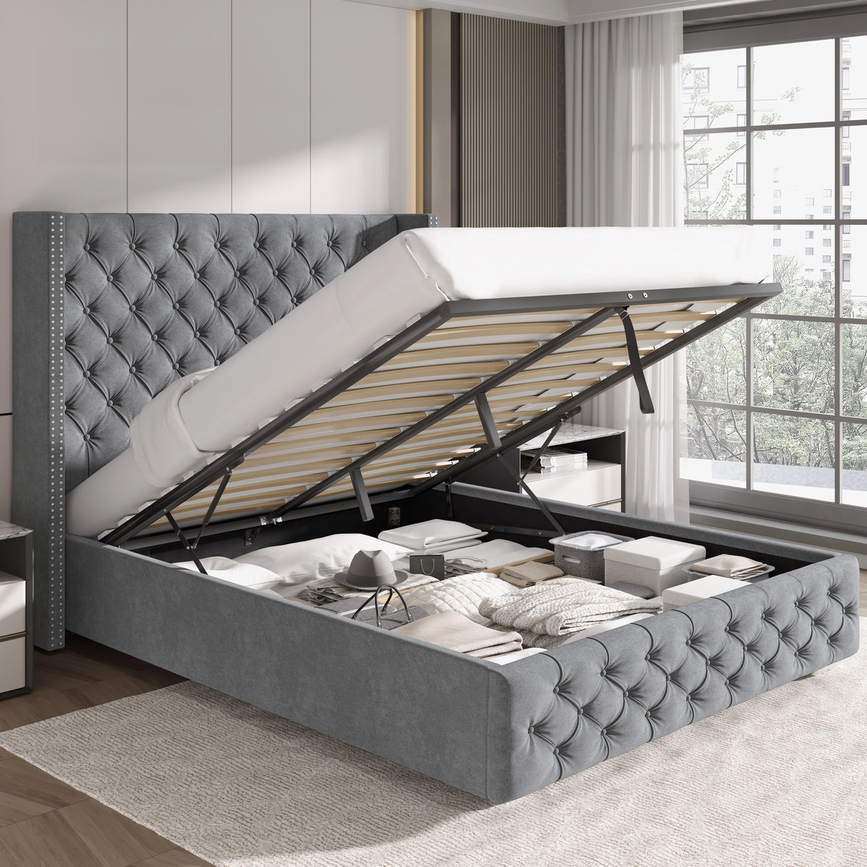 Cross Pattern Velvet Ottoman Storage Bed - Winged Bed Frame