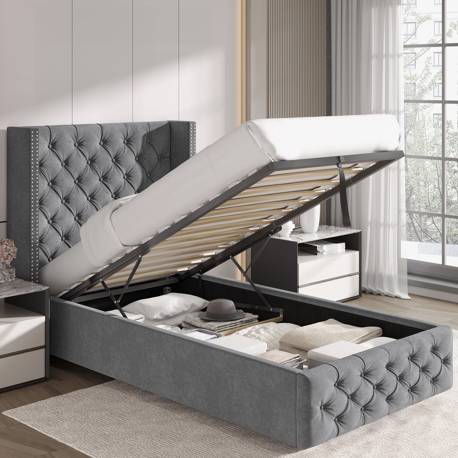 Light grey single ottoman bed with gas lift storage open, showing ample underbed space and elegant tufted design.