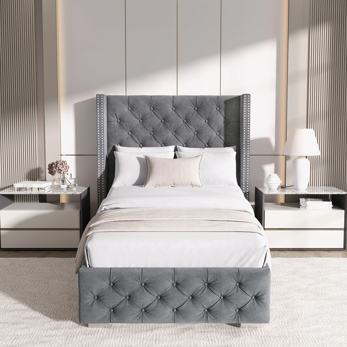 Front view of light grey single velvet ottoman bed with tufted cross pattern and winged headboard in a chic bedroom.
