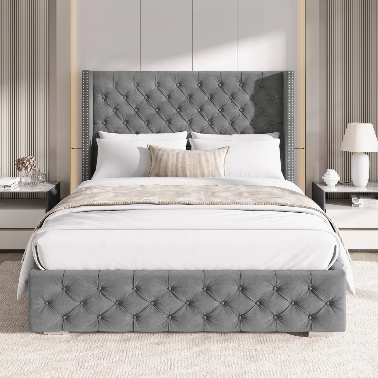 Front view of mid-grey small double velvet ottoman bed with tufted cross pattern and winged headboard.
