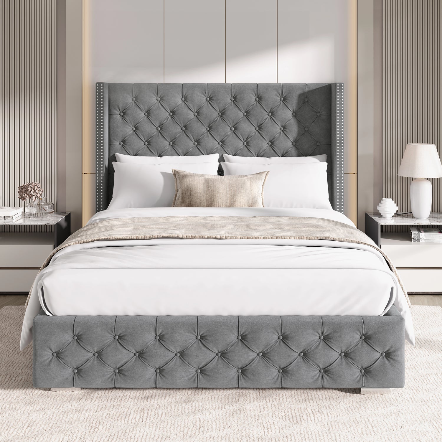 Front view of mid-grey small double velvet ottoman bed with tufted cross pattern and winged headboard.