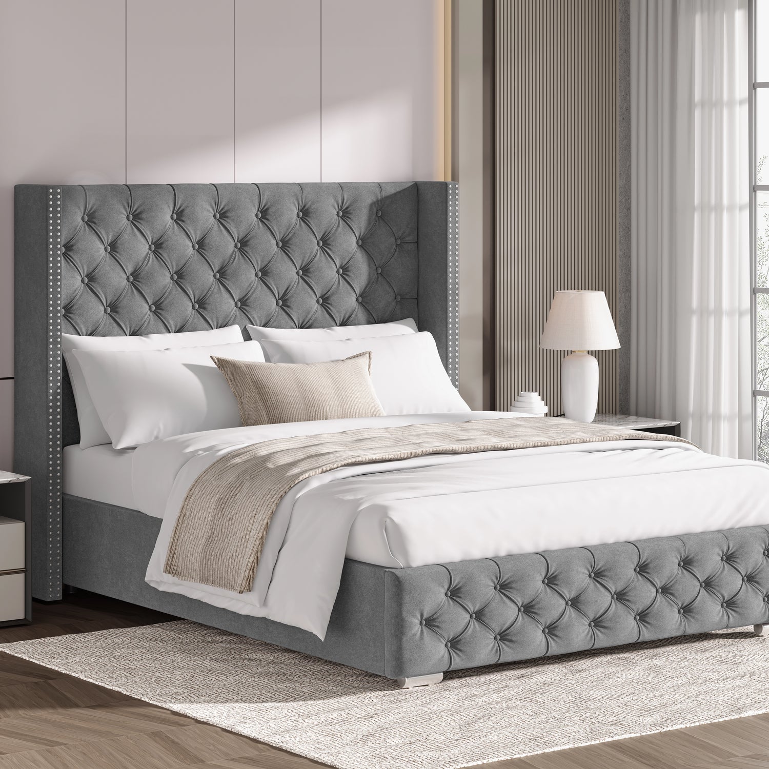 Mid-grey small double velvet ottoman bed with cross pattern and winged headboard, styled with neutral bedding.