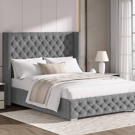 Mid-grey small double velvet ottoman bed with cross pattern and winged headboard, styled with neutral bedding.
