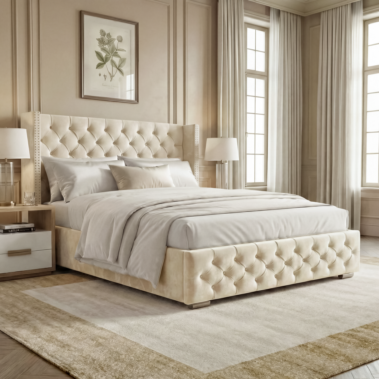 Cross pattern velvet ottoman bed in beige with winged headboard styled in luxe bedroom on herringbone floor