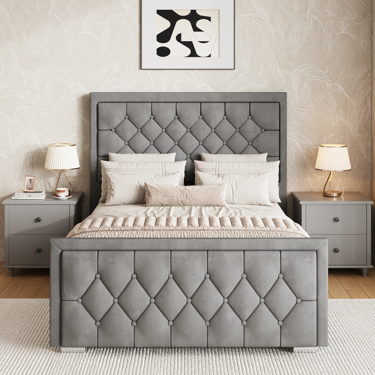 Grey upholstered-ottoman-bed with a matching cross-puffed headboard and footboard placed between two bedside tables.