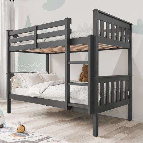 Front-right angle view of dark grey double bunk bed frame showing structure and ladder