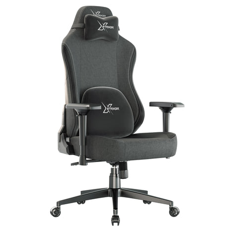 Xstriker Ergonomic Fabric Gaming Chair with 4D armrest in dark grey, featuring lumbar and neck support. Ideal for adult gamers or office use.