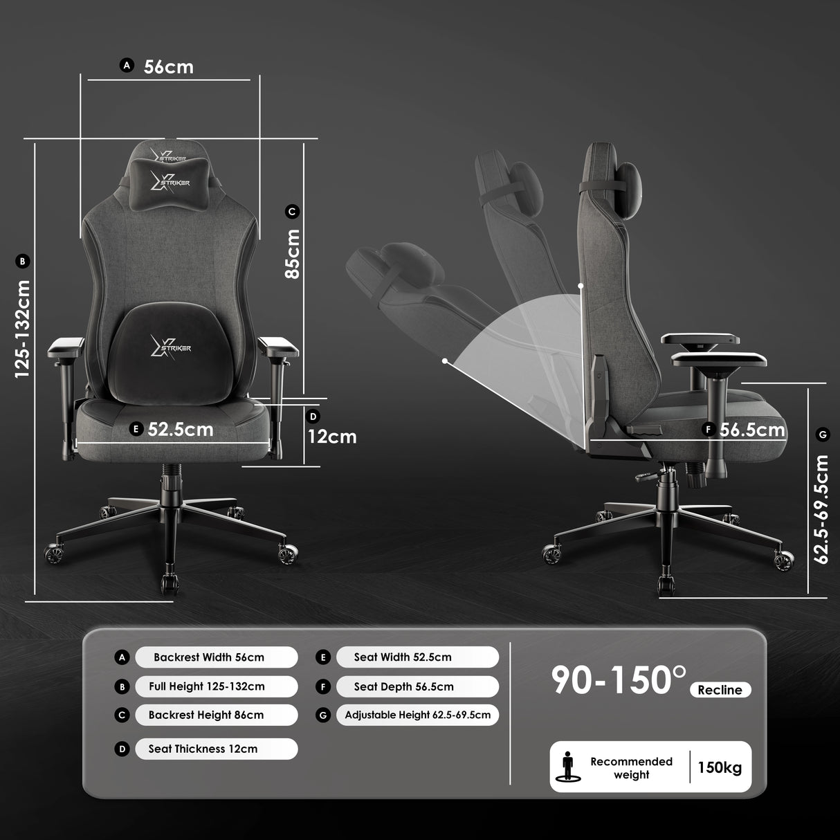 Xstriker Ergonomic Fabric Gaming Chair with 4D Armrest for Adults in grey, featuring adjustable height, reclining backrest, and detailed dimensions.