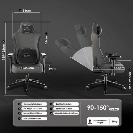 Xstriker Ergonomic Fabric Gaming Chair with 4D Armrest for Adults in grey, featuring adjustable height, reclining backrest, and detailed dimensions.