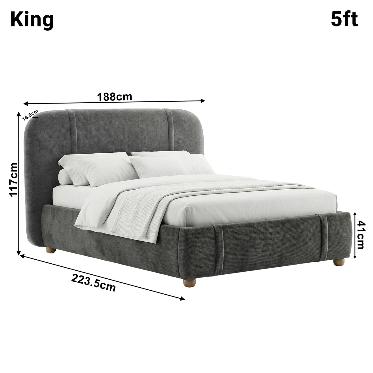 Dimensions diagram of a dark grey king bed with labelled measurements: height 117 cm, width 188 cm, and length 223.5 cm