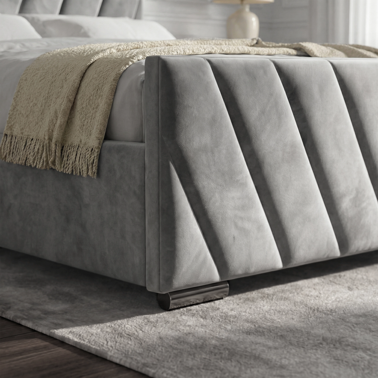 Bottom-side view of the dark grey king-size ottoman bed, showcasing the sturdy build and elegant design