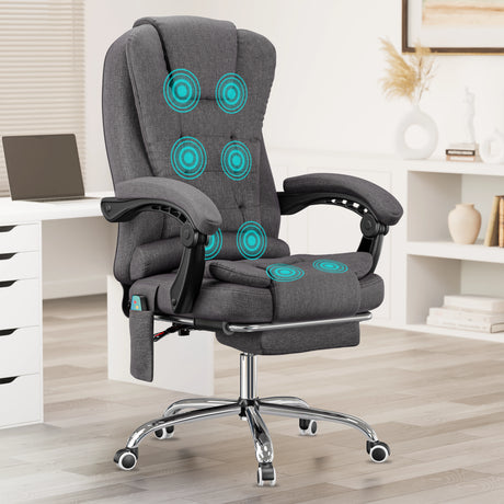 dark grey linen massage office desk chair with visible remote pocket, plush seat and relaxed back angle in use