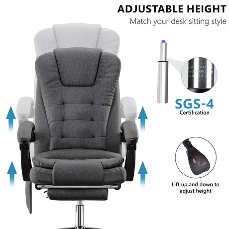 this dark grey linen vibrating desk chair features height adjustment graphics with piston and knob shown in close-up