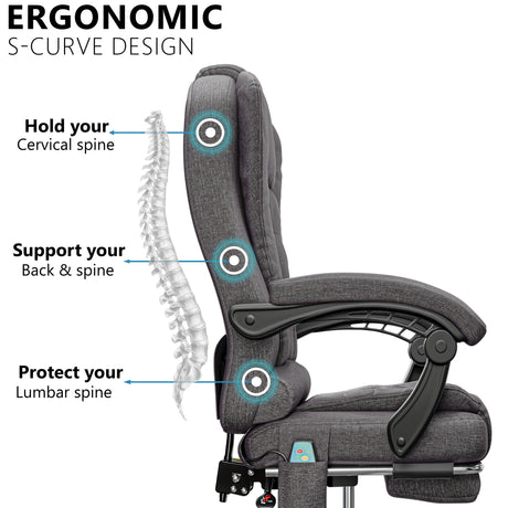 with its contoured lumbar curve, this dark grey linen ergonomic desk chair offers posture support in a professional setting