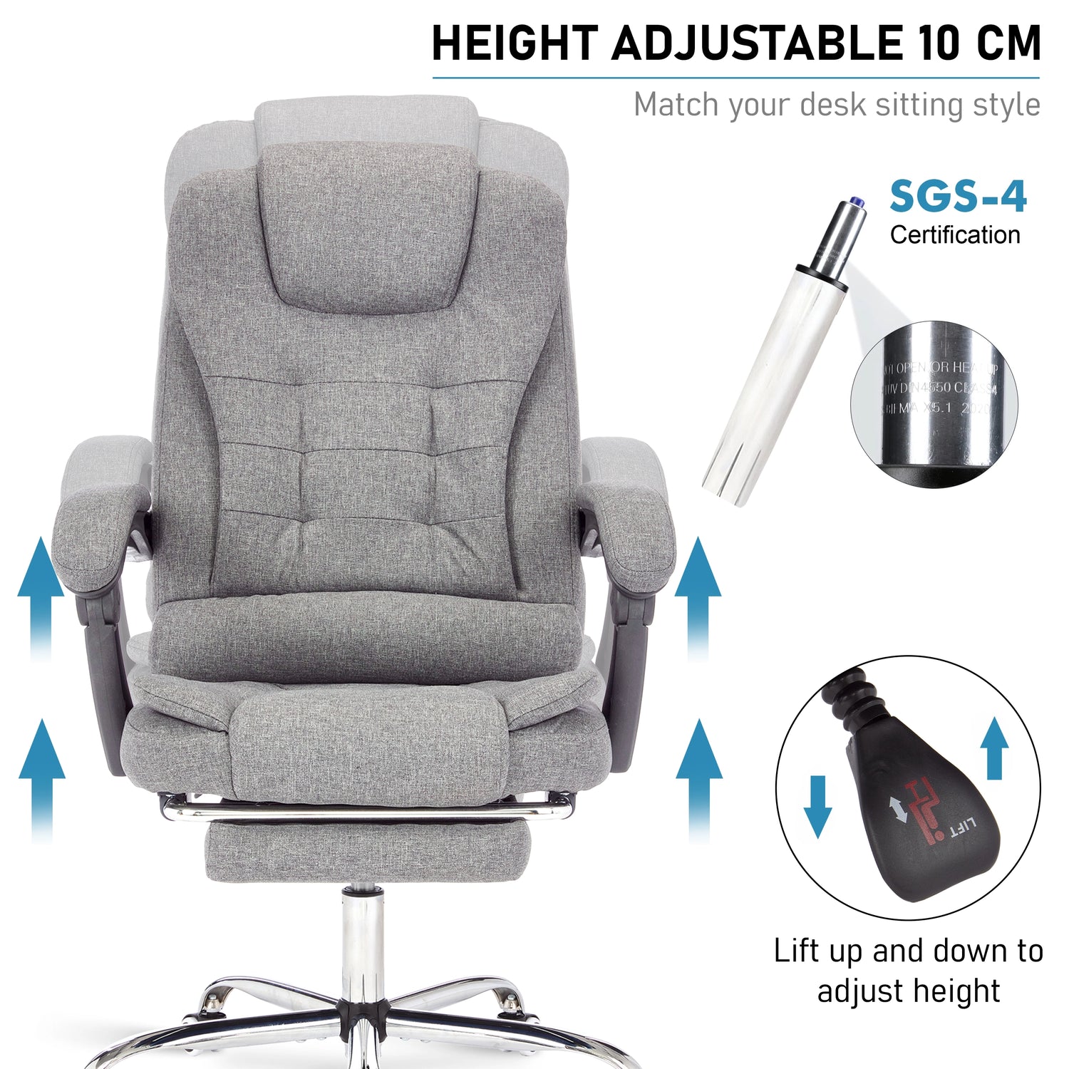 Dark grey linen adjustable chair features 10 cm height adjustment with SGS-4 gas lift and knob.