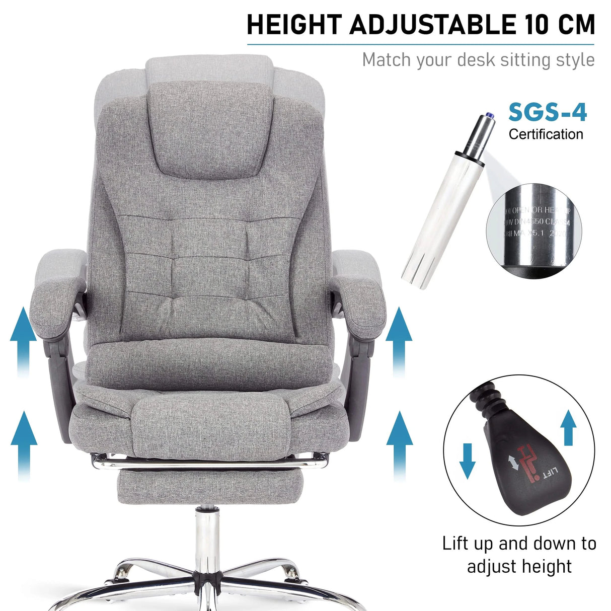 Dark grey linen adjustable chair features 10 cm height adjustment with SGS-4 gas lift and knob.