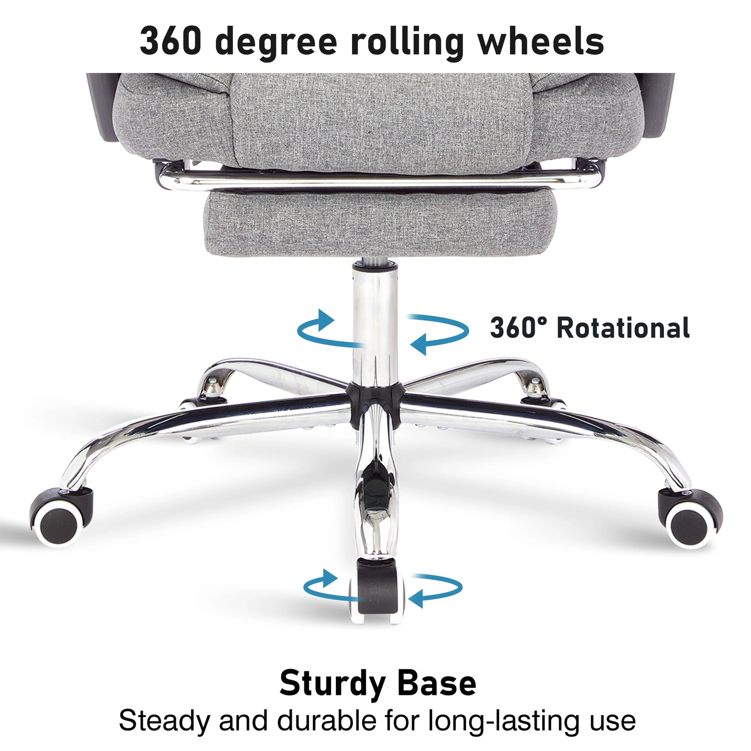 Swivel action demonstrated in dark grey linen swivel office desk chair with free rotating wheels