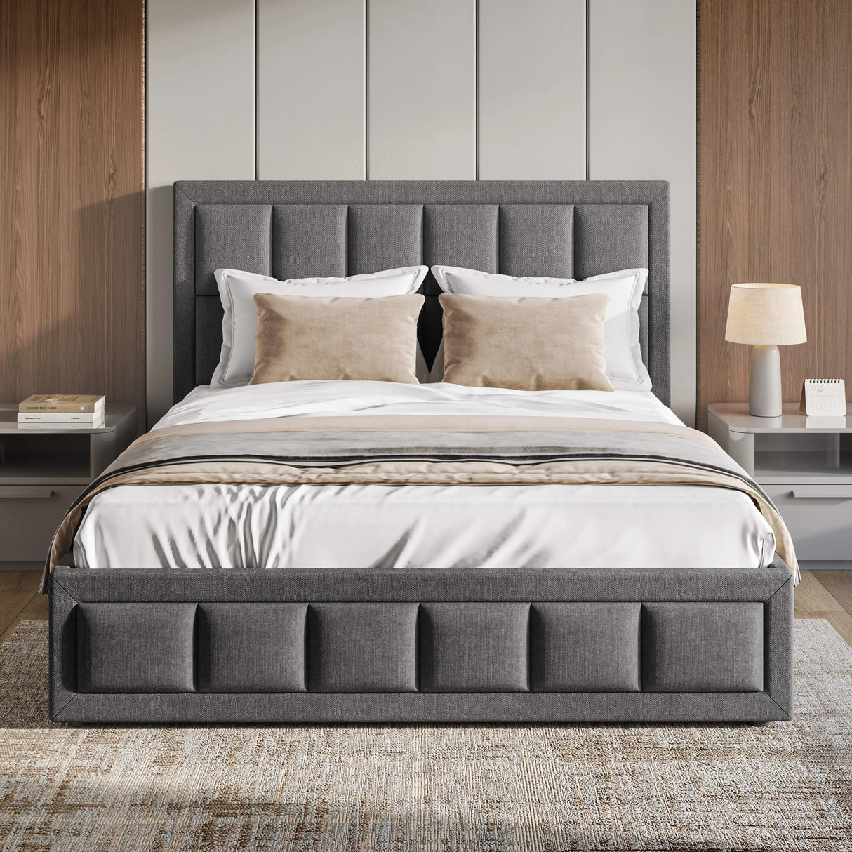 Gray upholstered bed with white bedding in a bedroom setting