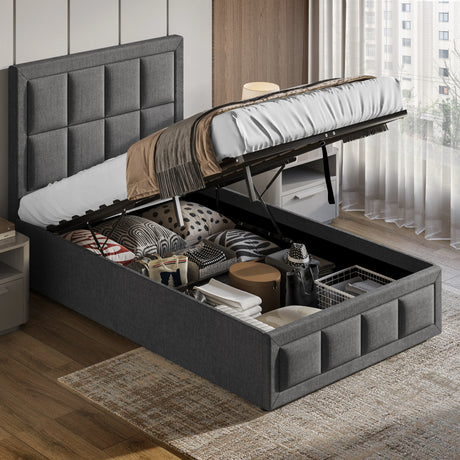 Dark grey single ottoman storage bed with gas lift open, displaying ample underbed storage for organized living in small rooms.