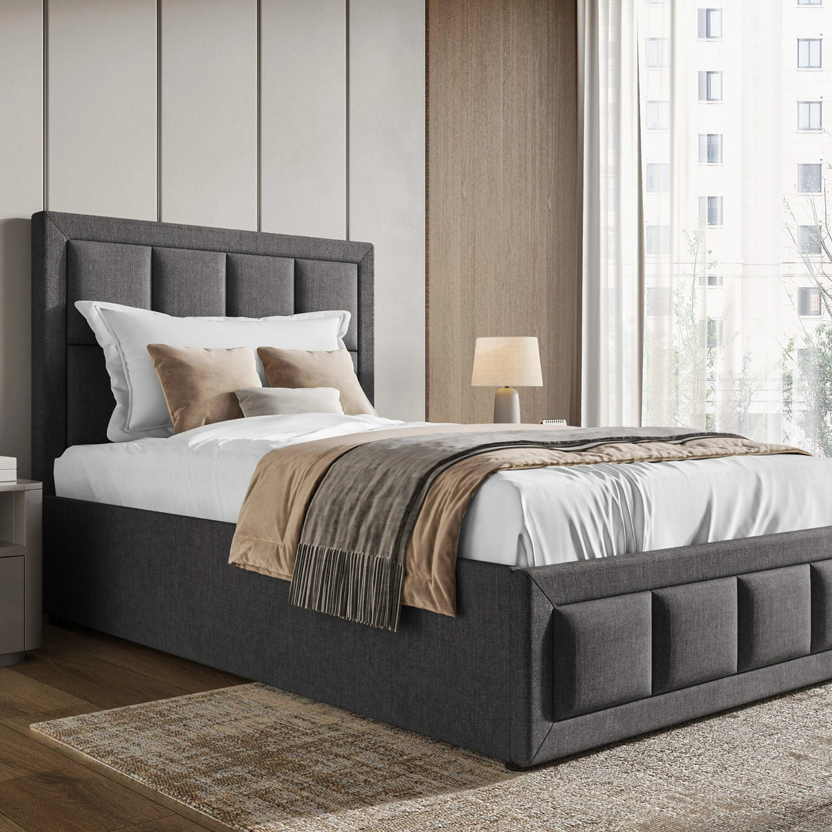 Single ottoman bed frame with headboard in dark grey fabric, perfect for compact spaces with a stylish and functional design.