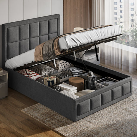 Gray upholstered bed with storage drawers in a bedroom setting
