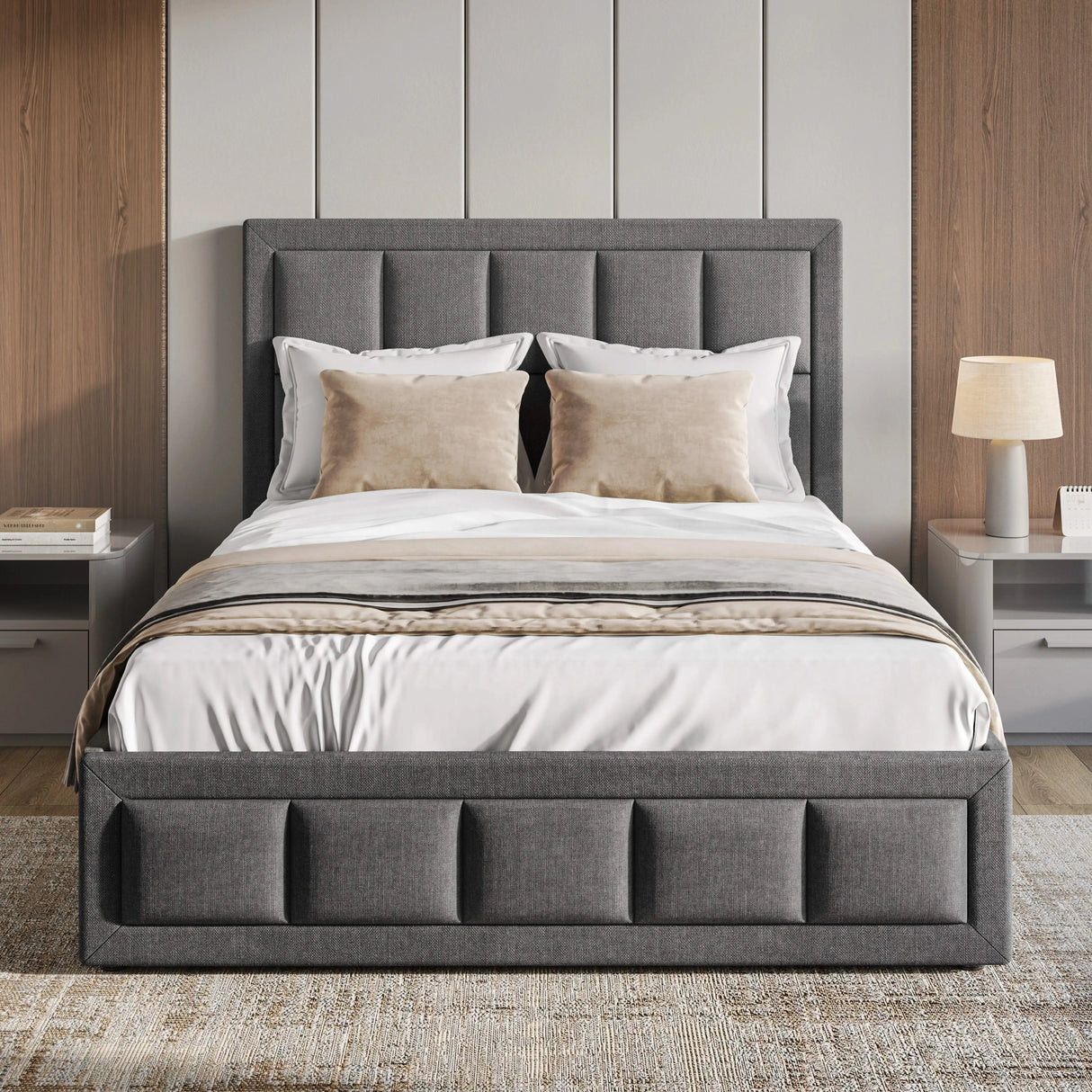 Gray upholstered bed with white bedding and beige pillows in a bedroom setting.