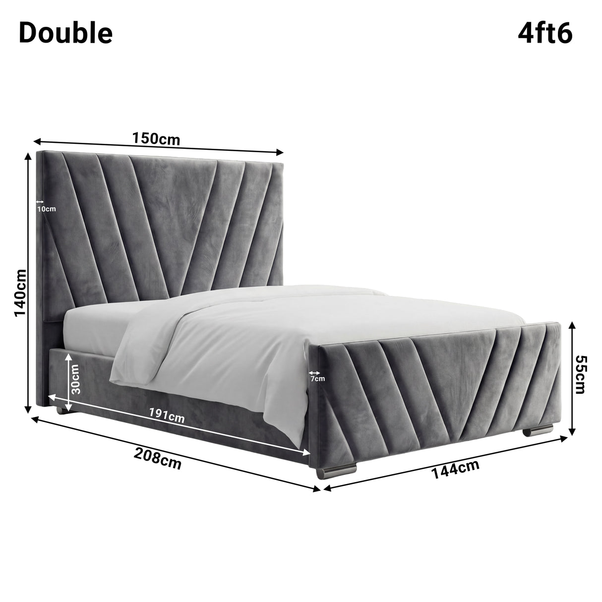 Detailed dimensions of the dark grey velvet ottoman double bed, highlighting height 140 cm, width 150 cm and length 208 cm