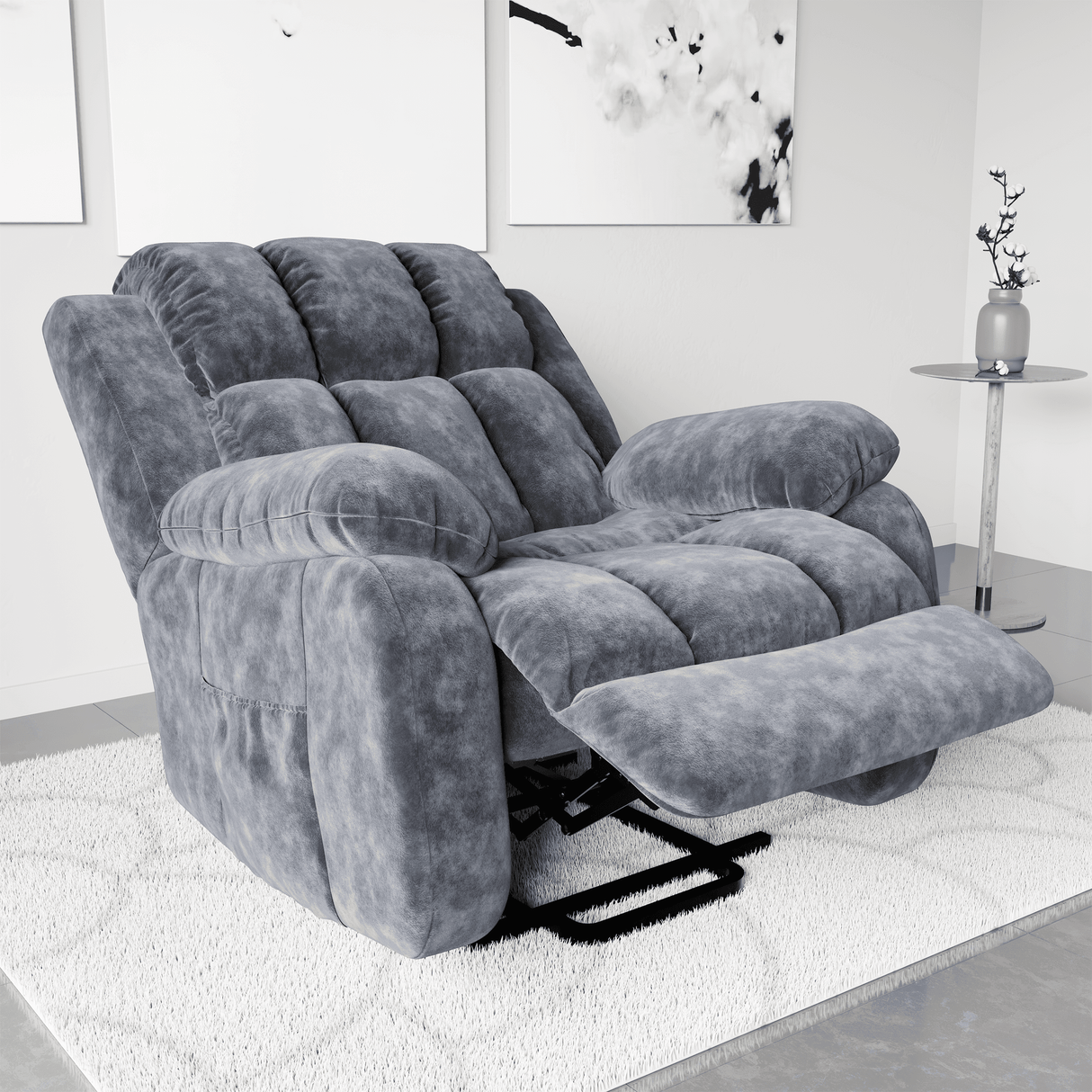 Reclined position of velvet recliner chair for elderly with extended footrest, showcasing electric reclining for comfort.