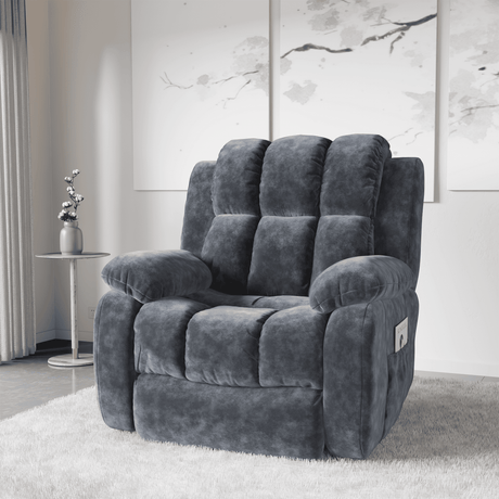 dark grey modern recliner chair in velvet, showing armrest with integrated leg rest in a minimalistic room