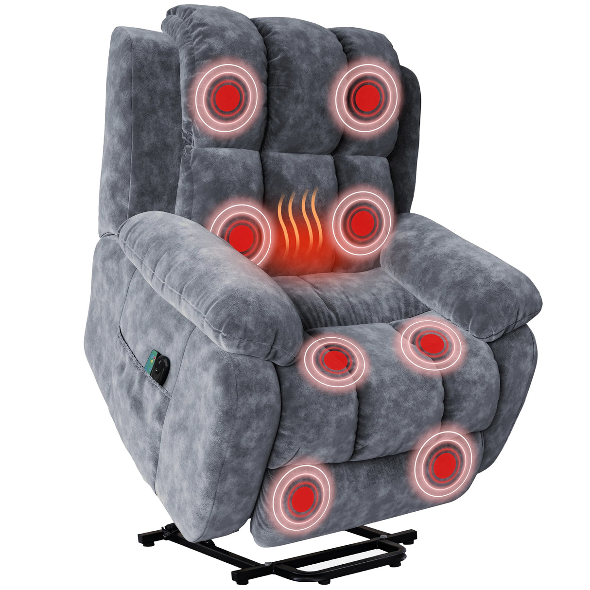 Dark grey velvet riser recliner chair demonstrating its gentle lift function to assist a user to stand and 8 point massage