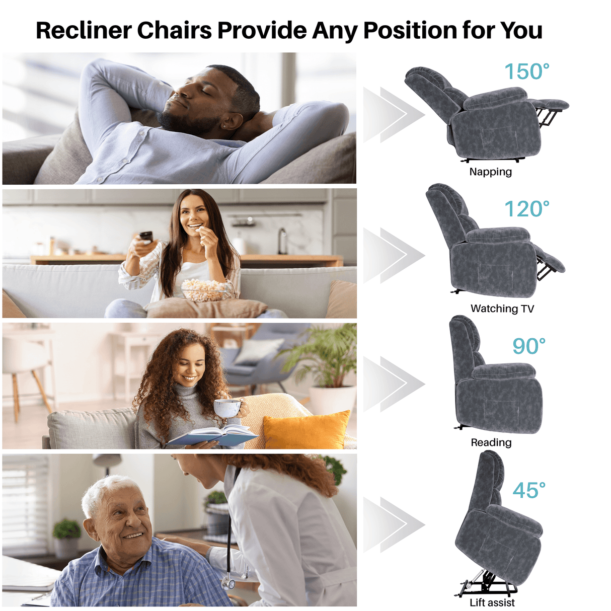 Velvet recliner chair with adjustable positions from 45° to 150° for lift assist, reading, watching TV, and napping