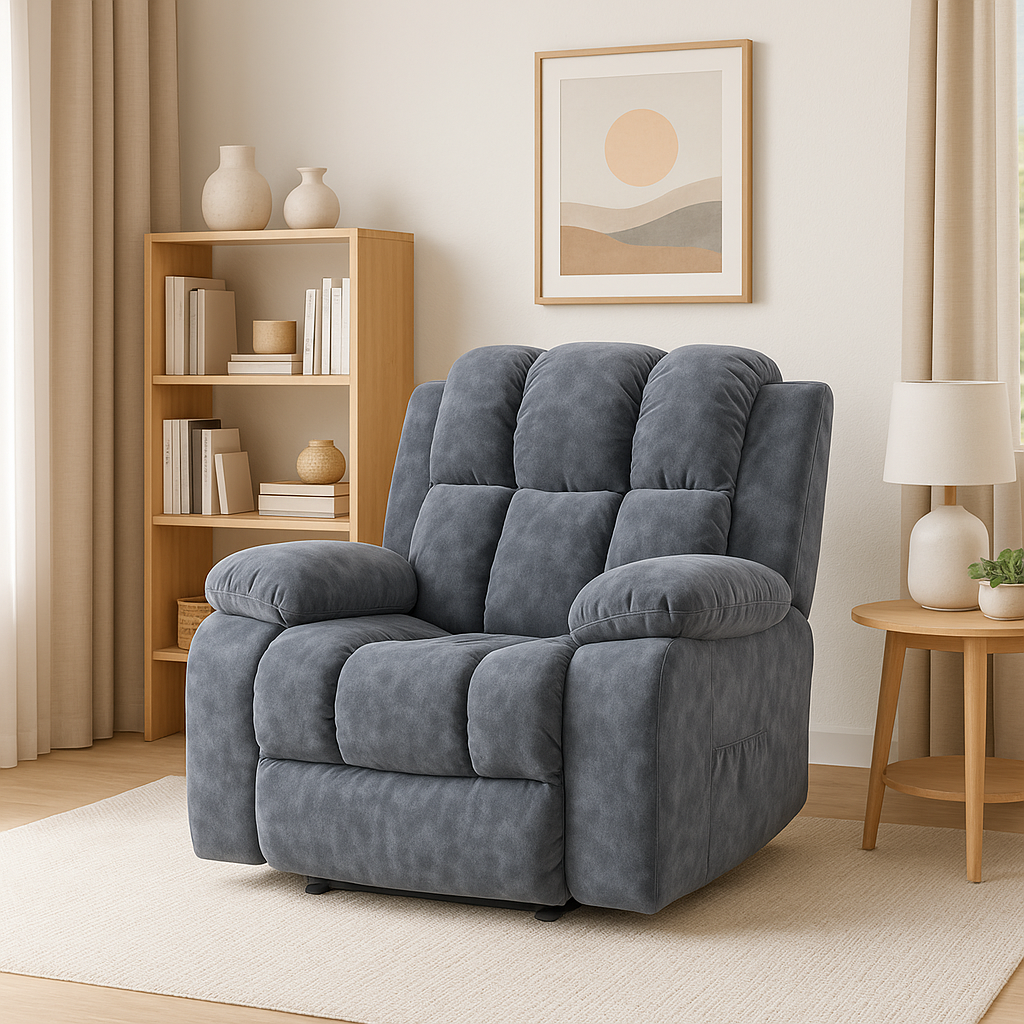 a sleek dark grey single recliner chair in soft velvet upholstery for ultimate comfort