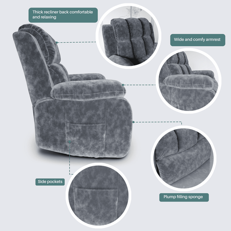 Side view of dark grey recliner chair electric, showing heavy padded backrest, armrest, leg rests and side pocket