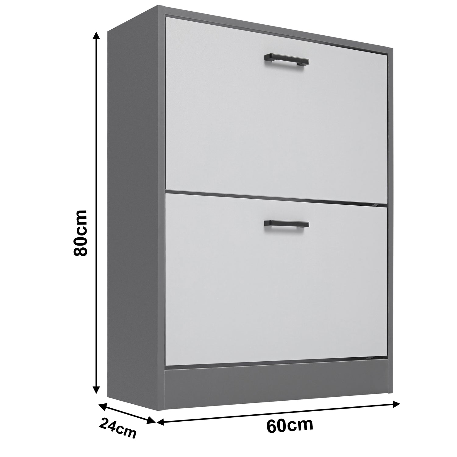 Dimensions of the side profile of a grey pull-down shoe storage unit: width 60 cm, depth 24 cm, and height 80 cm.