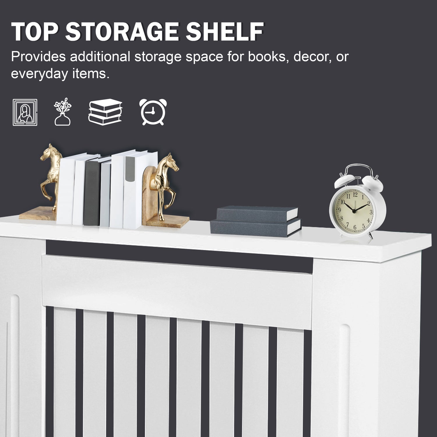 White storage shelf with decorative items on a dark background