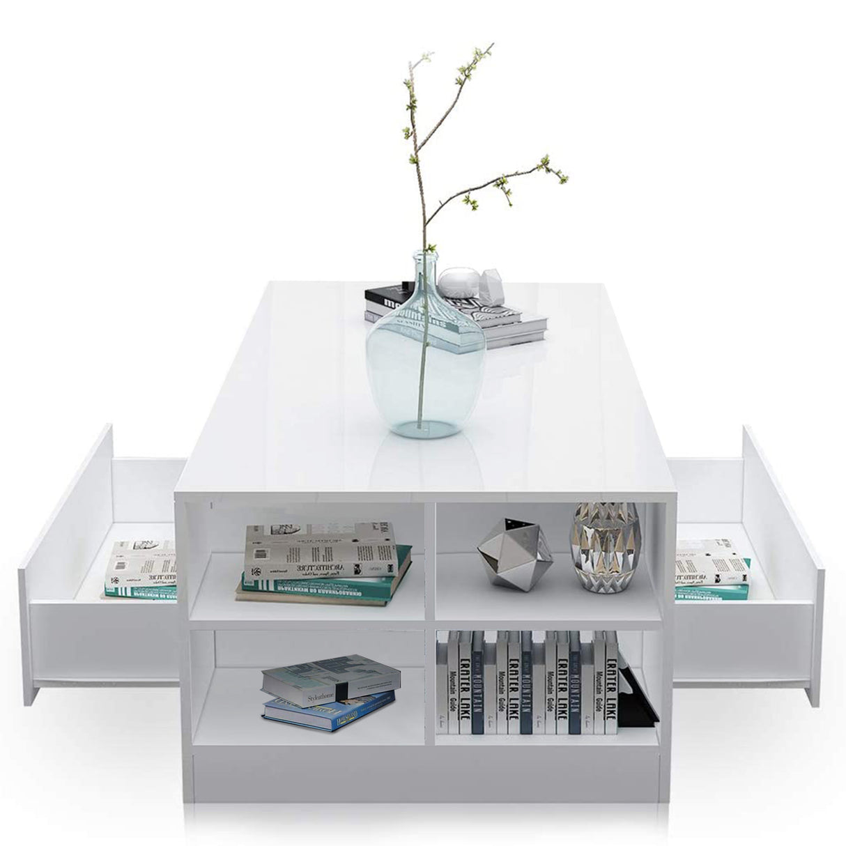 Led Coffee Table with Storage Drawers in white high gloss, featuring open shelves and lit side drawers for modern living rooms.