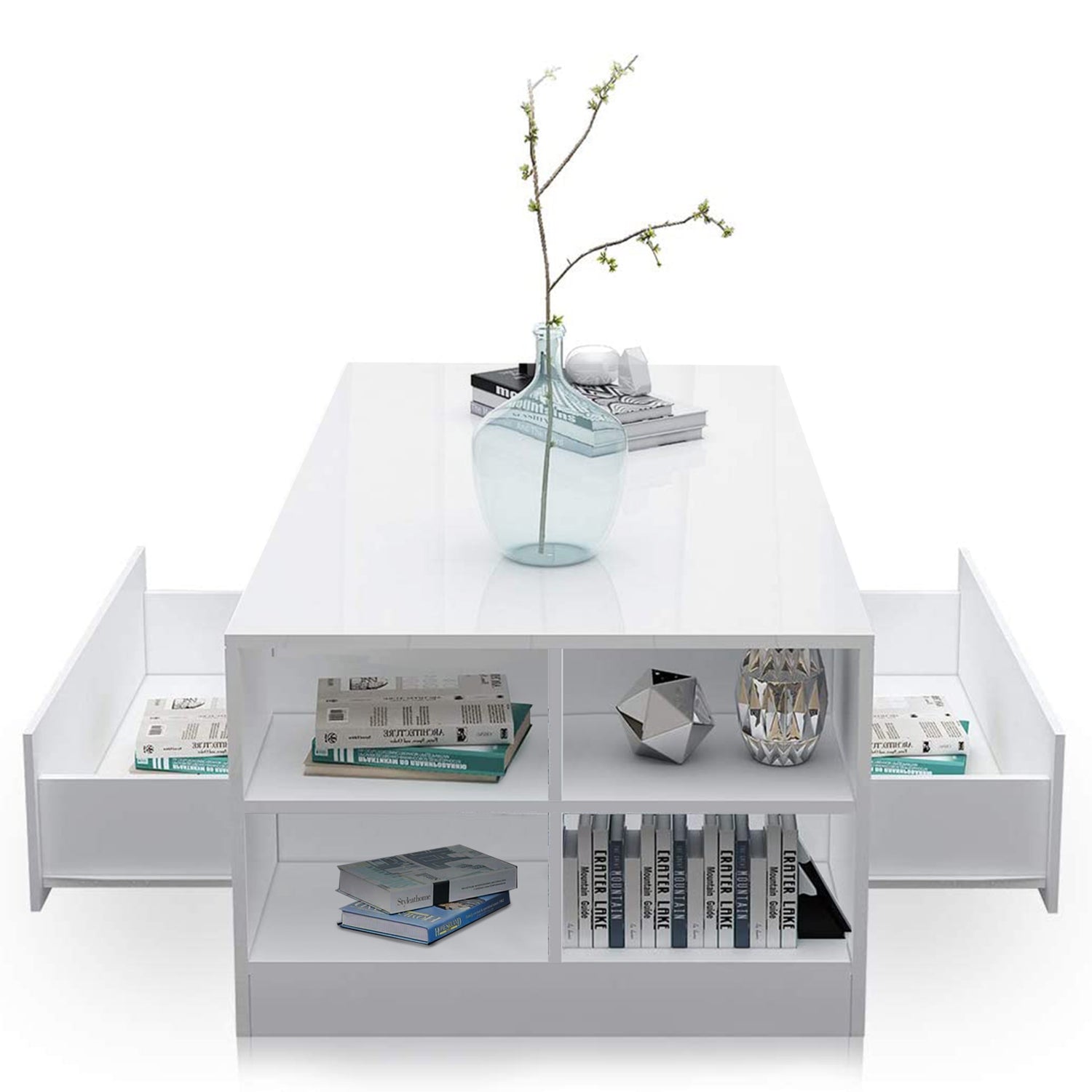 Led Coffee Table with Storage Drawers in white high gloss, featuring open shelves and lit side drawers for modern living rooms.