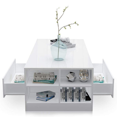 Led Coffee Table with Storage Drawers in white high gloss, featuring open shelves and lit side drawers for modern living rooms.
