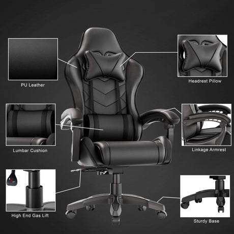 Ergonomic gaming chair with lumbar support, padded armrest, PU leather finish, headrest pillow, and sturdy base for home or office use.
