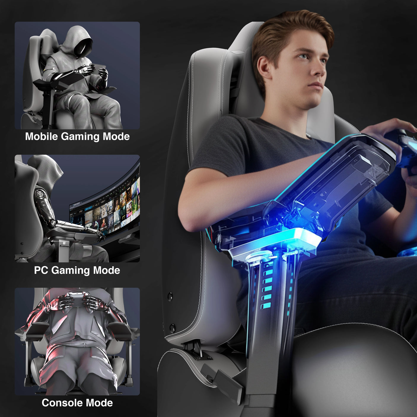 Gaming chair with adjustable modes for mobile, PC, and console gaming, featuring a person using a controller.