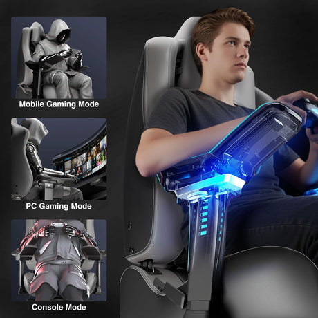 Gaming chair with adjustable modes for mobile, PC, and console gaming, featuring a person using a controller.