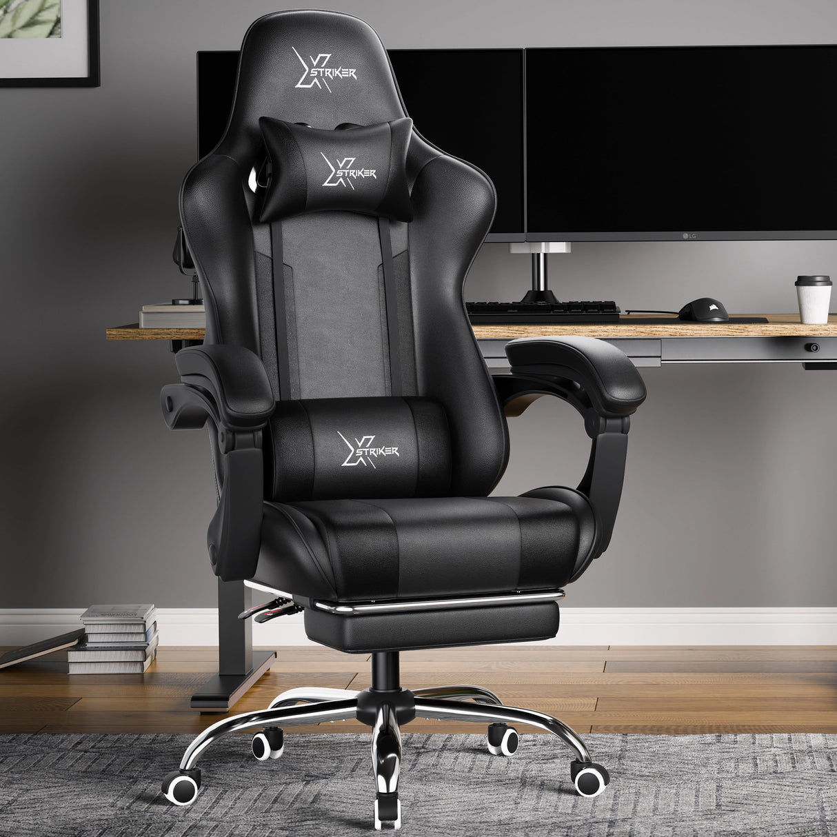 Xstriker home office chair in black PU leather, featuring ergonomic lumbar support and headrest, placed in a modern home office setup.