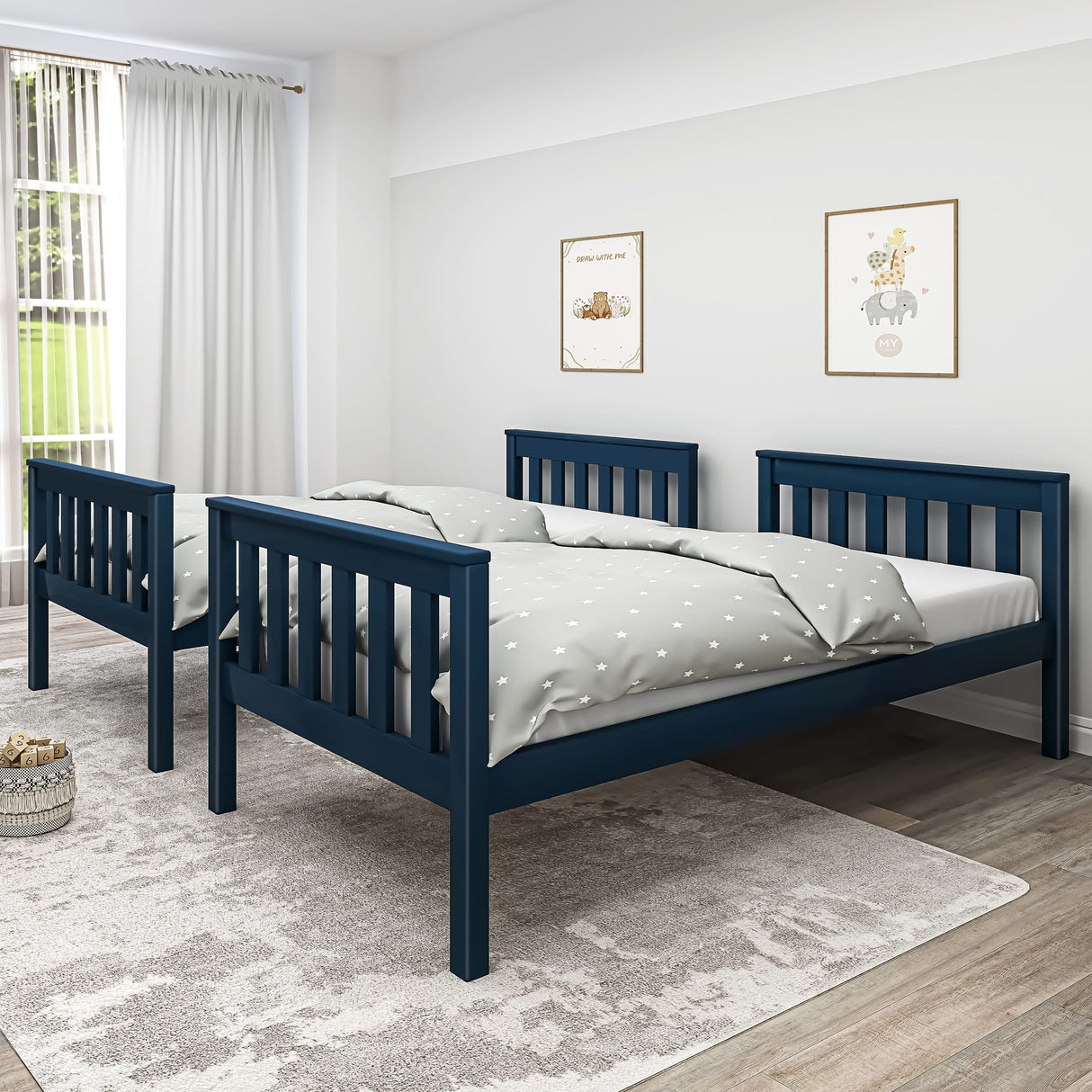 blue detachable bunk beds shown split into two singles with white bedding, perfect for shared children’s rooms