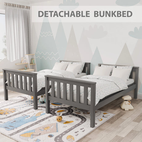 Grey detachable bunk beds split into 2 singles with white bedding in minimal kids’ room
