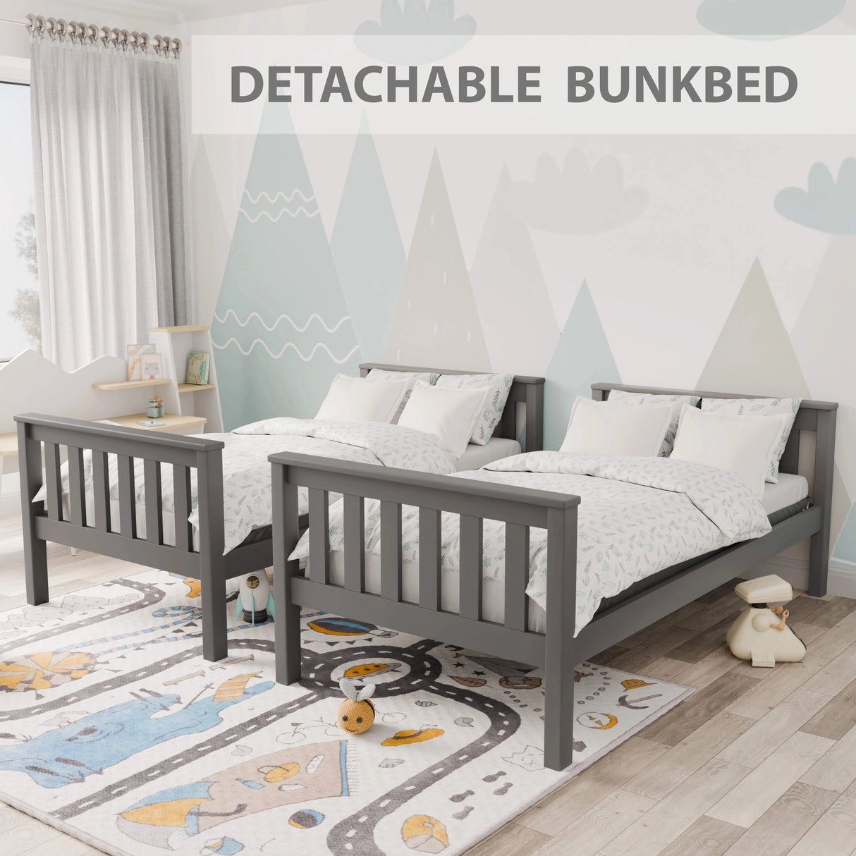 Grey detachable bunk beds split into 2 singles with white bedding in minimal kids’ room